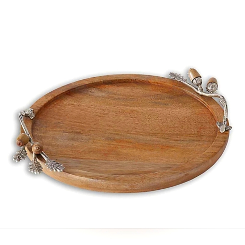Rustic Wooden Oval Serving Tray with Silver Accents 15" X 11"